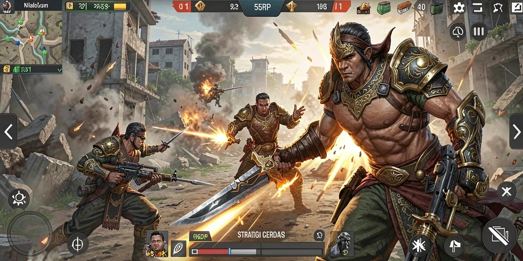 Tangkapan layar gameplay 55RP yang menunjukkan aksi strategi.