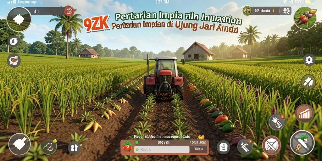 Tangkapan layar gameplay 9ZK dengan pemandangan ladang yang indah.