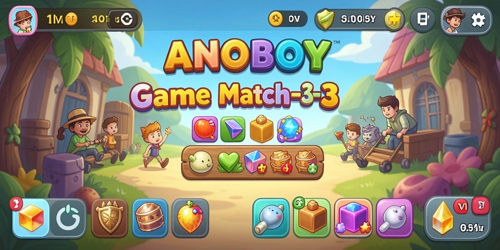 Screenshot gameplay ANOBOY dengan level Match-3 yang seru.
