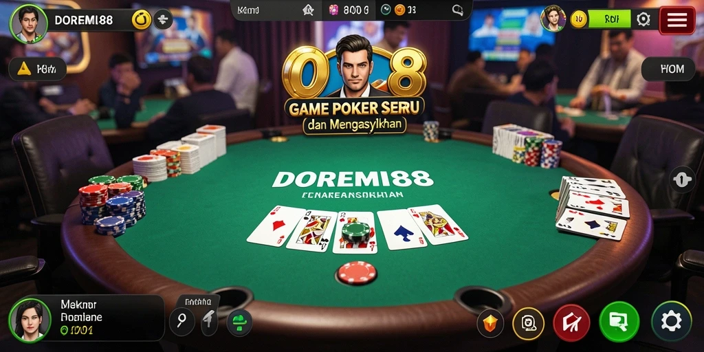 Gameplay Poker DOREMI88 dengan tampilan menawan dan interaksi pemain.