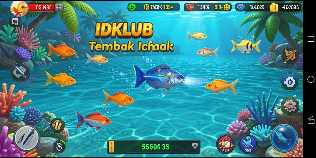 Gameplay seru IDKLUB dengan berbagai ikan untuk ditembak.