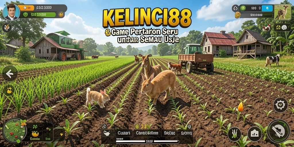 Tampilan gameplay KELINCI88 dengan pertanian yang subur dan berwarna-warni.
