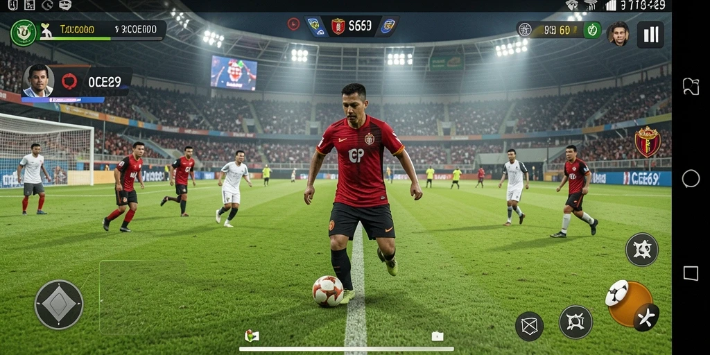 Tampilan gameplay OCE69 yang menampilkan aksi sepak bola seru.