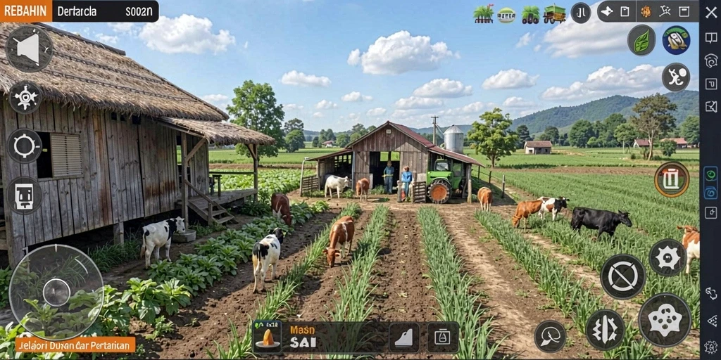 Screenshot gameplay REBAHIN yang menampilkan aktivitas pertanian yang dinamis.