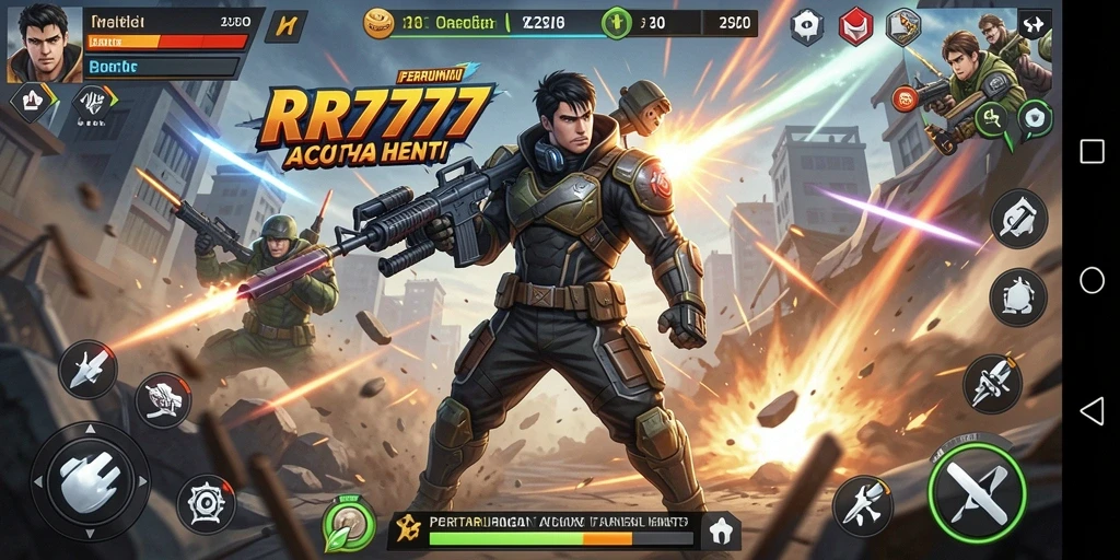 Tampilan gameplay RR777 dengan aksi seru dan karakter unik.