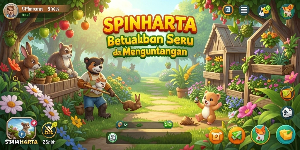 Screenshot gameplay SPINHARTA menampilkan aktivitas bertani dan panen.
