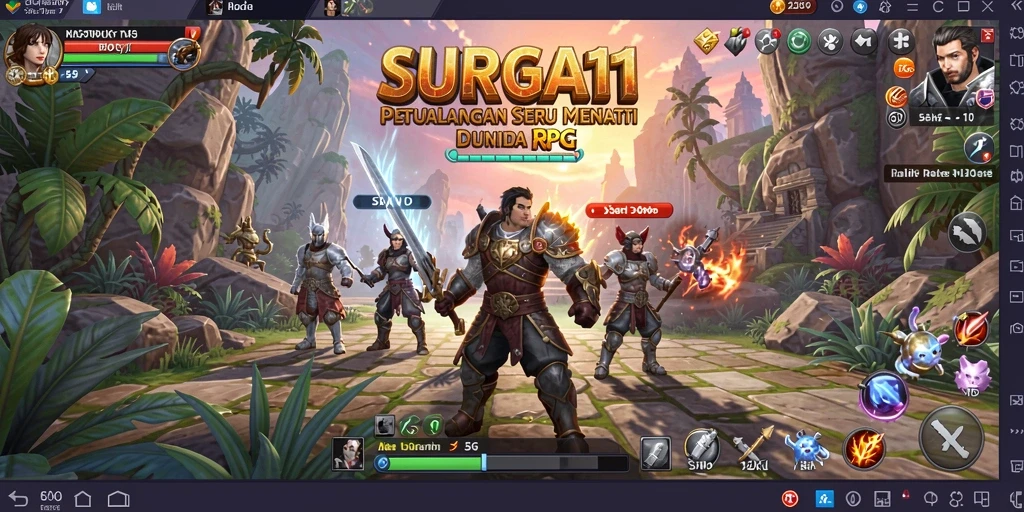 Tangkapan layar gameplay SURGA11 yang menunjukkan pertempuran epik karakter RPG.