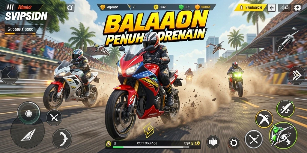 Tangkapan layar gameplay SVIPSIDN menampilkan balapan motor yang mendebarkan.