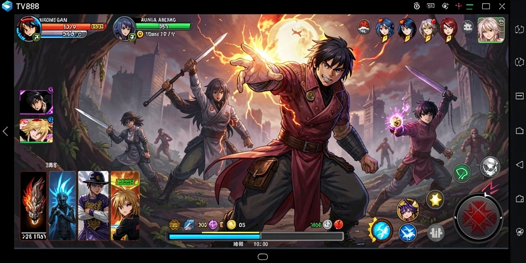 Screenshot gameplay TV888 menampilkan aksi karakter anime yang dinamis dan menarik.