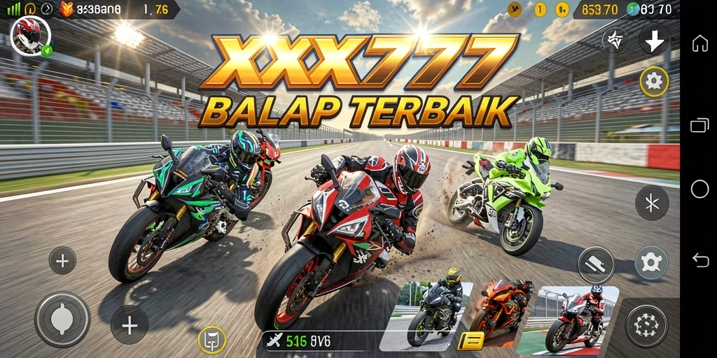 Tangkapan layar utama XXX777 menampilkan aksi balapan motor yang mendebarkan.